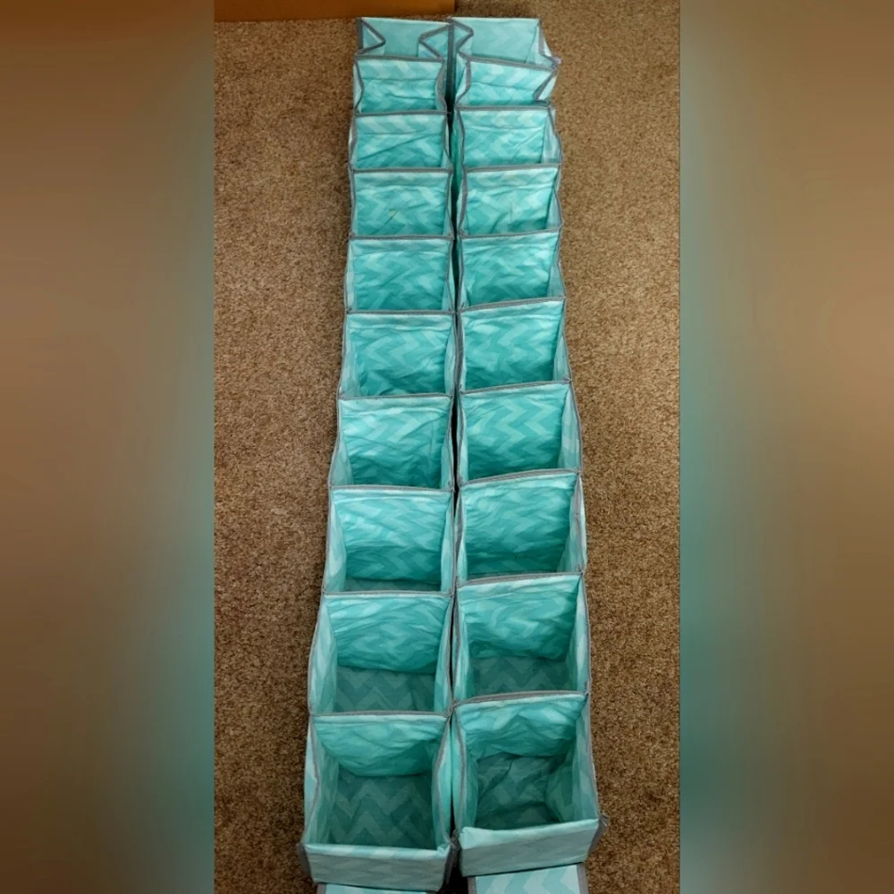 2 Shoe Organizers. Each holds 10 pairs of shoes. Teal and gray